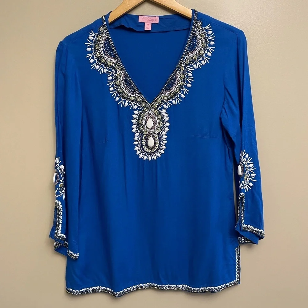 Lilly Pulitzer Braydon Tunic Top Embellished XS Blue - Picture 2 of 12